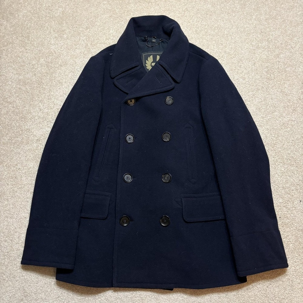 Belstaff Pea Coat Mens 38 Navy Wool Double Breasted Lined Classic Winter